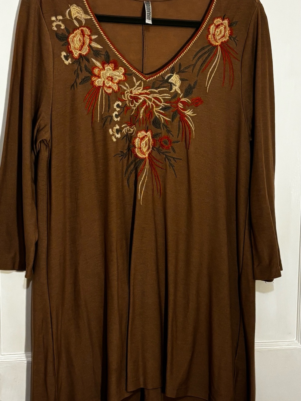 Monoreno Brown V-Neck Tunic with Cream & Rust Embroidery